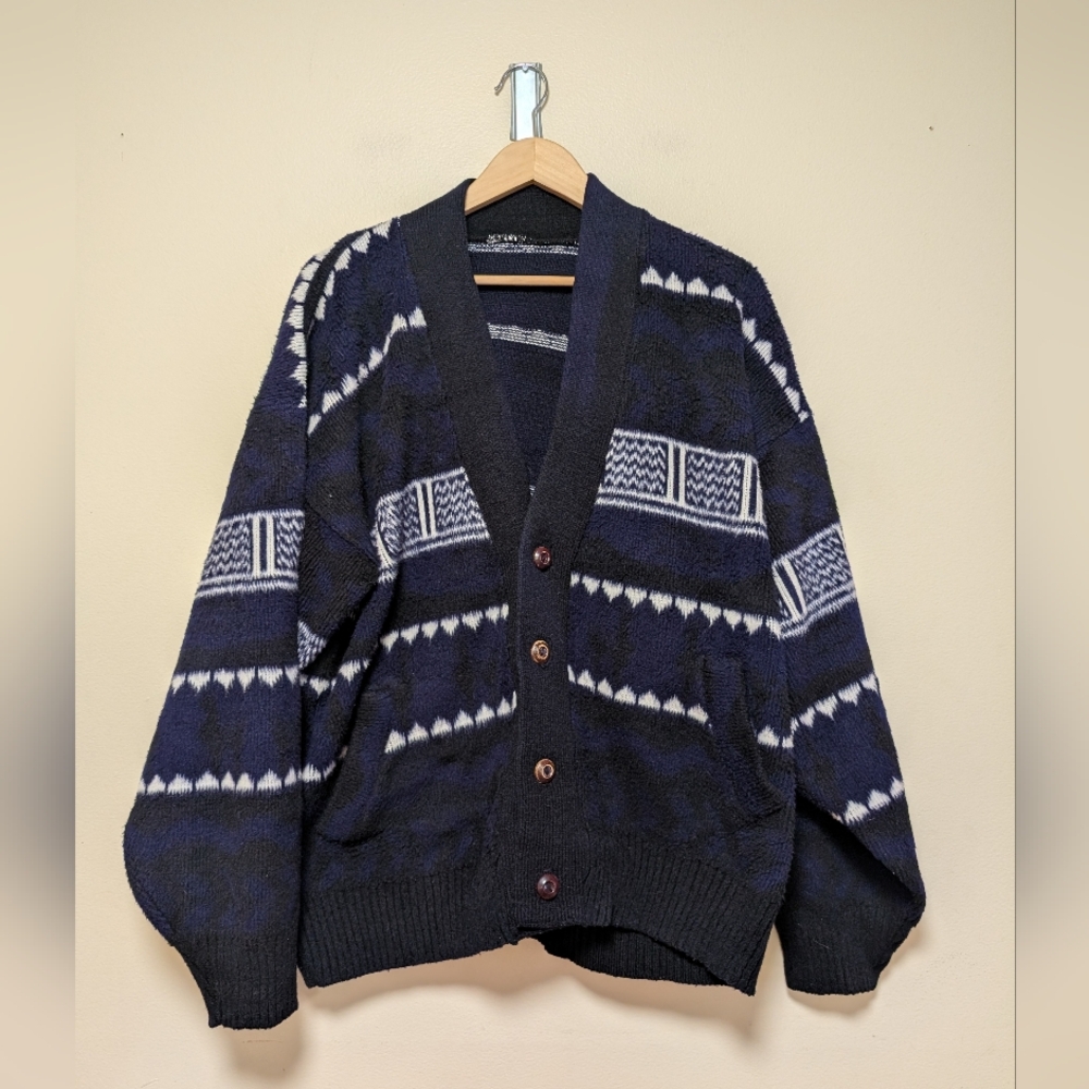 Tejidos Ruminahui Vintage Wool Alpaca Blend Cardigan Sweater Navy Tribal Llama L